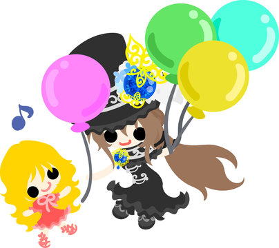 A black silk hat girl and balloons and little girl