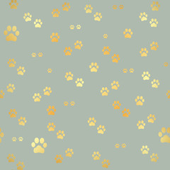 Dog Gold paw prints. Seamless pattern of animal gold footprints. Dog paw print seamless pattern on black background