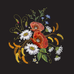 Camomiles and roses embroidery. Beautiful bouquet of chamomiles, roses. Classic embroidery pattern for clothes