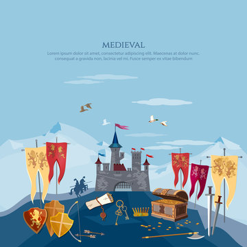 Medieval castle. Medieval background, knights, ancient weapons, chest with treasures