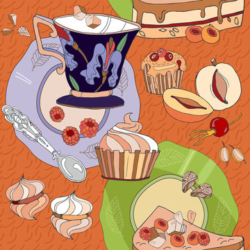 Tea seamless pattern hand drawn vector, pattern with teacups, teapots, cakes. Tea seamles background