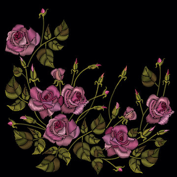 Roses embroidery on a black background. Classic style embroidery, beautiful roses flowers pattern vector