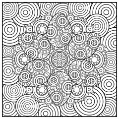 Decorative background with easter eggs and circles. Square pattern for coloring book.