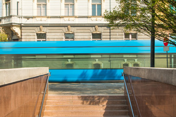 Tram passing street in Zagreb Croatia, blue trail, motion blur 