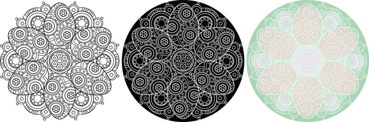 Circle ornament with easter eggs. Ethnic mandala of black outline. Pattern for coloring book.