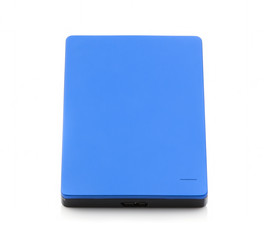 External hard drive in blue on a white background