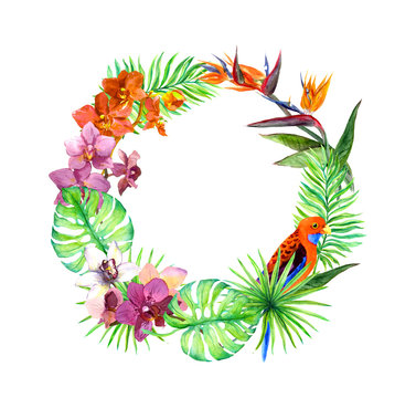 Tropical leaves, exotic birds, orchid flowers. Wreath frame. Watercolor