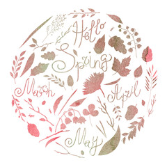 Watercolor illustration, set, watercolor texture of gentle pink and gray, silhouette. A set of elements - symbols of spring. Leaves, branches, blades of grass, flowers.