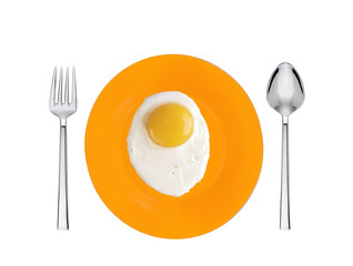 Scrambled eggs with on orange plate with spoon and fork