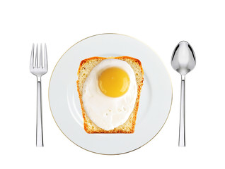 Scrambled eggs with bread on plate isolated on white