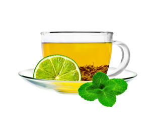 Transparent cup of green tea with lime and mint isolated on white