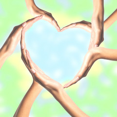 Human hands in heart shape over bright background
