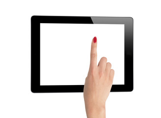 female hands holding a tablet isolated on white