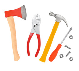 Hammer, screwdriver, ax and wrenches isolated on white