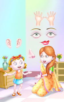 woman is explane  to girl her body parts