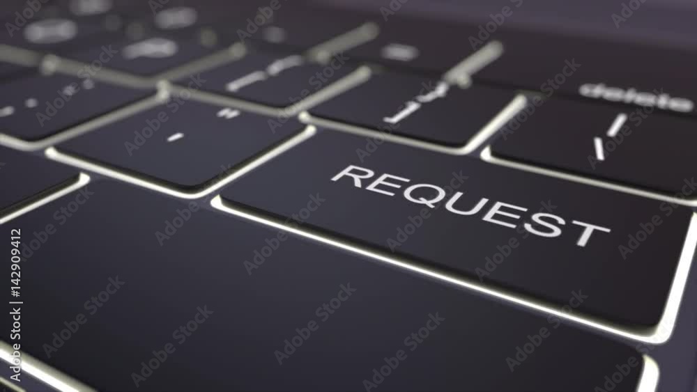 Poster dolly shot of black luminous computer keyboard and request key. conceptual 4k clip