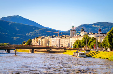Beautiful view of Salzburg,  Fortress Hohensalzburg  and Salzach river in summer, Salzburg, Salzburger Land, Austria
