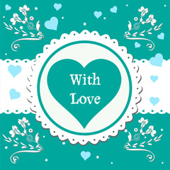 Colorful greeting with blue hearts and the text with love written in the middle of the image on a big heart