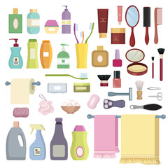 Beauty care related object set. Hygiene symbols. Bath supplies.