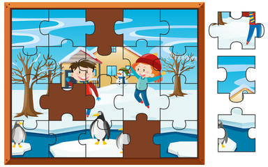 Jigsaw puzzle game with kids playing in snow