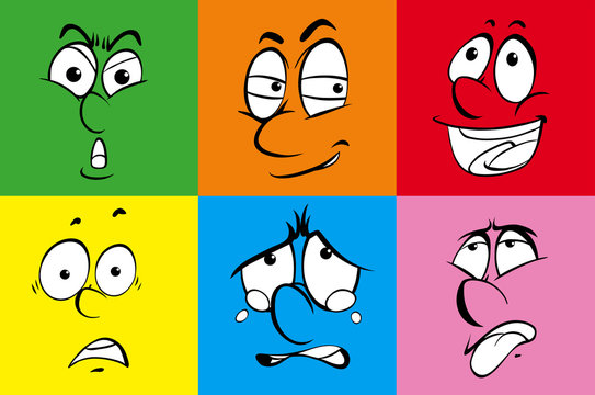 Set of six faces on color background