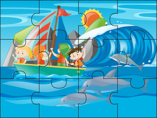Jigsaw puzzle game with kids sailing at sea
