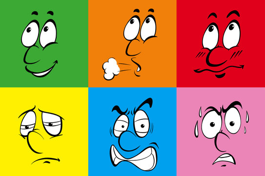 Six different emotions on color background