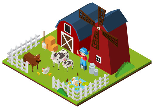 Farmer and cows on the farm in 3D design