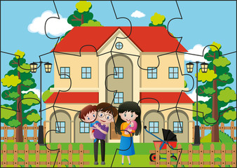 Obraz na płótnie Canvas Jigsaw puzzle game with family at home