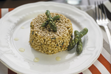 Risotto with Asparagus in ceramic plate on wooden table with silver fork and colored striped tablecloth
