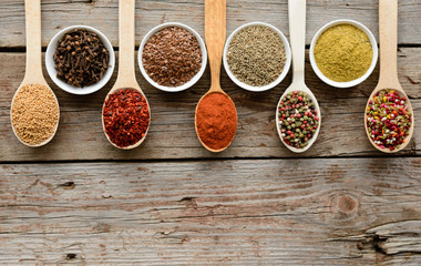 Various spices on wooden spoons. Food ingredients