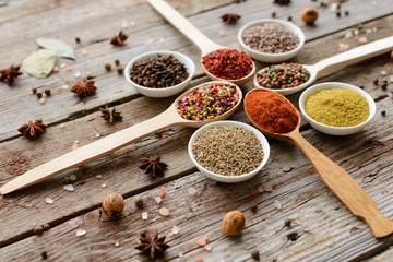 Various spices on wooden spoons. Food ingredients