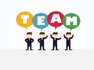 Cartoon working little people with speech bubbles and team wording. Vector illustration for business design and infographic.