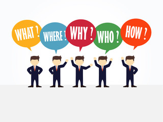 Cartoon working little people with speech bubbles. Vector illustration for business design and infographic.