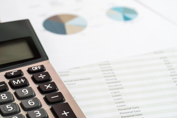 Close up of calculator and documents of personal budget.Financial Management concept.(Selective focus)