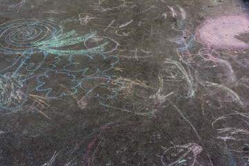 Children Chalk Drawings Asphalt Concrete Outdoors Public Urban Playing Random Shapes Sidewalk City Lifestyle Cute