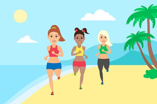 three beautiful sporty women running on the beach.healthy lifestyle