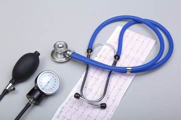 RX prescription, Red heart and a stethoscope on white background