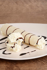 vanilla ice cream crepe with chocolate sauce