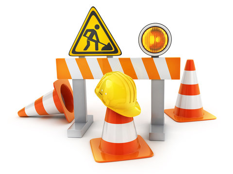 Repair road sign and cones