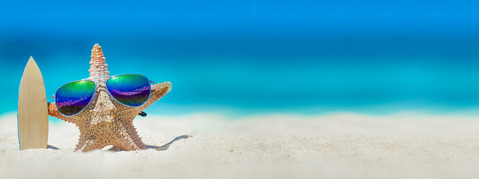 Starfish With Surfboard On Beach