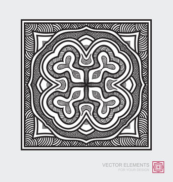 Floral abstract ornament of square shape. Decorative monochrome tile design,  Vector graphic elements. Modernist Minimalist Art.