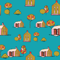 Seamless vector pattern. Village illustration.