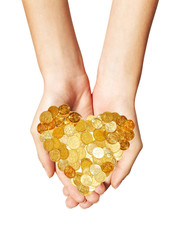 Obraz premium Hands with coins isolated on white background