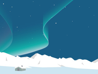 Obraz premium Aurora dancing above mountain and small house