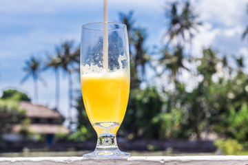Glass of orange juice on bright tropical blurred background with palms, outdoors. Tropical Bali island, Indonesia.