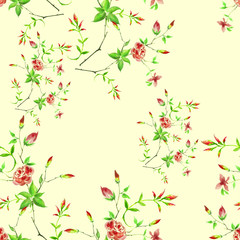 Vintage watercolor pattern - flowers, roses branch with buds, leaves. Seamless background.