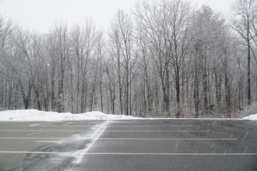 empty parking lot with snow removed in front of woods