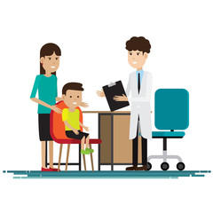 Obraz premium medical staff with mother and kid in room. Vector illustration