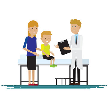 medical staff with mother and kid in room. Vector illustration